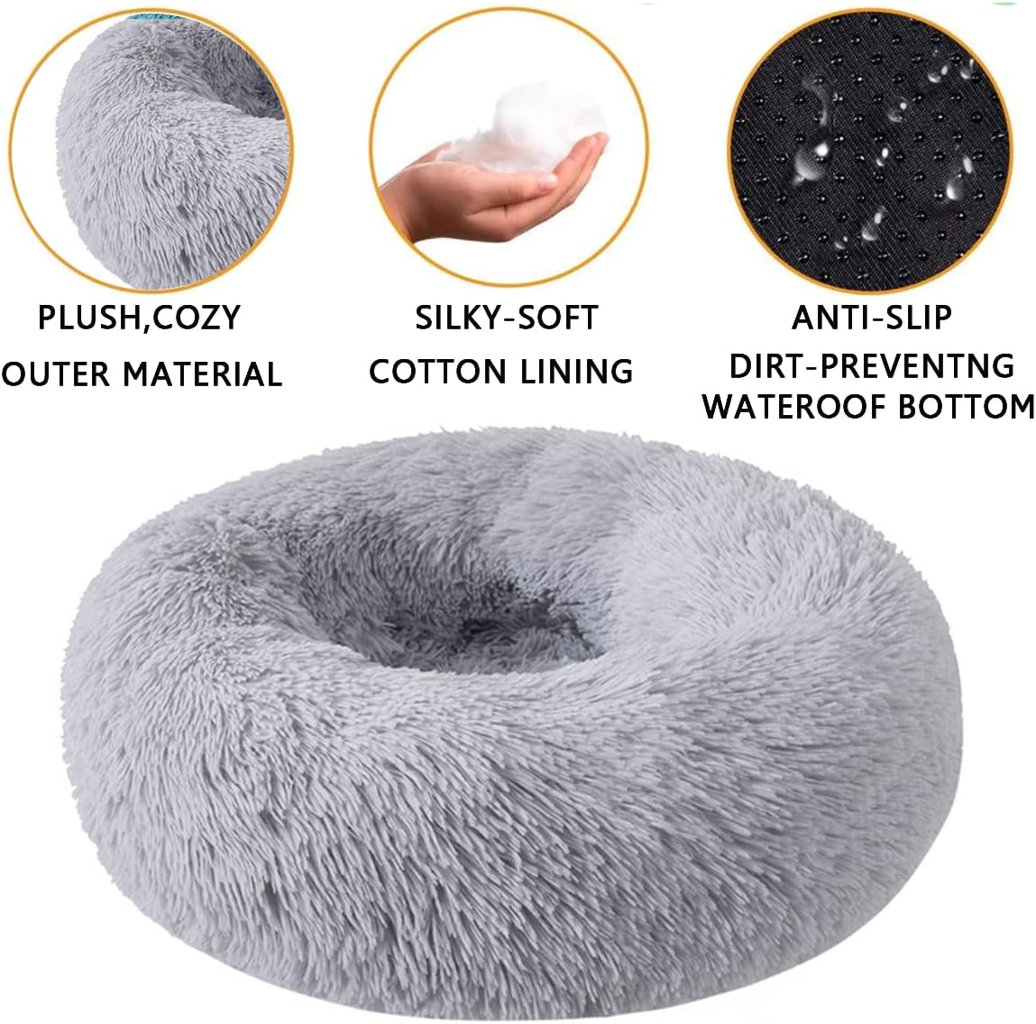 Grizzly Velor Plush Round Bed Grey Small - 50 x 15cm