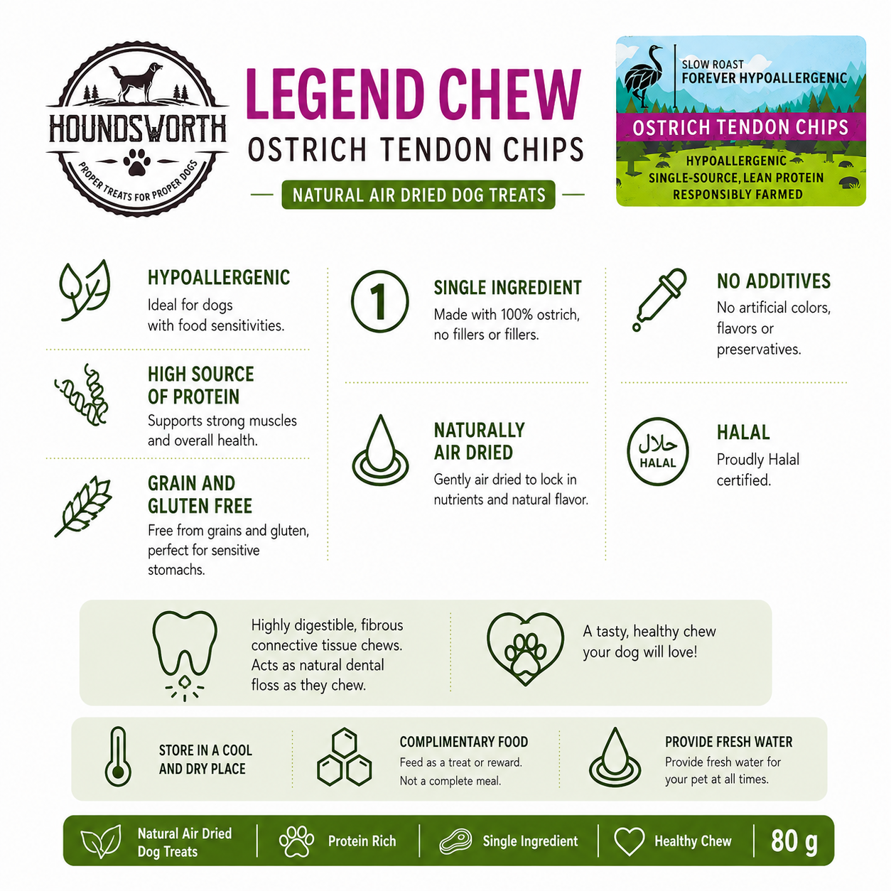 Houndsworth Legend Chew – Hypoallergenic Ostrich Tendon Chips 80g