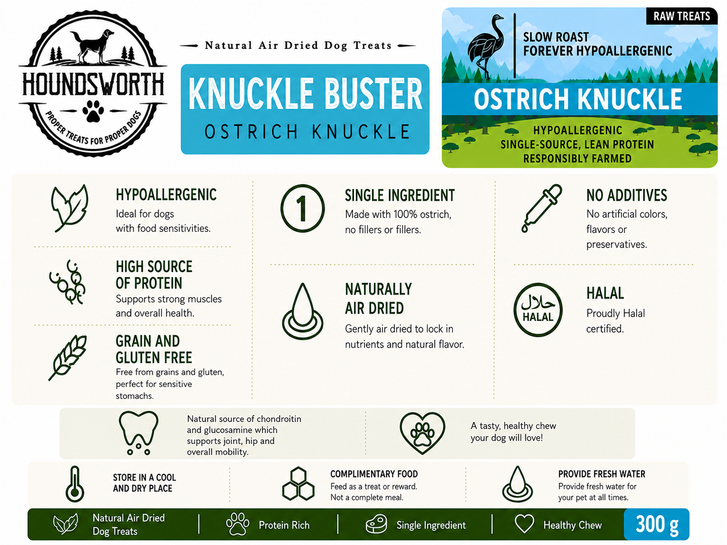 Houndsworth Knuckle Buster – Hypoallergenic Ostrich Knuckle 300g