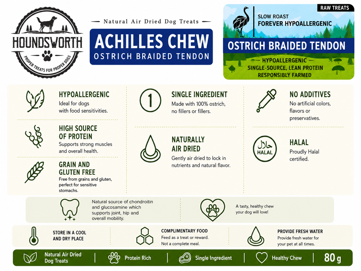 Houndsworth Achilles Chew – Hypoallergenic Ostrich Braided Tendon 80g