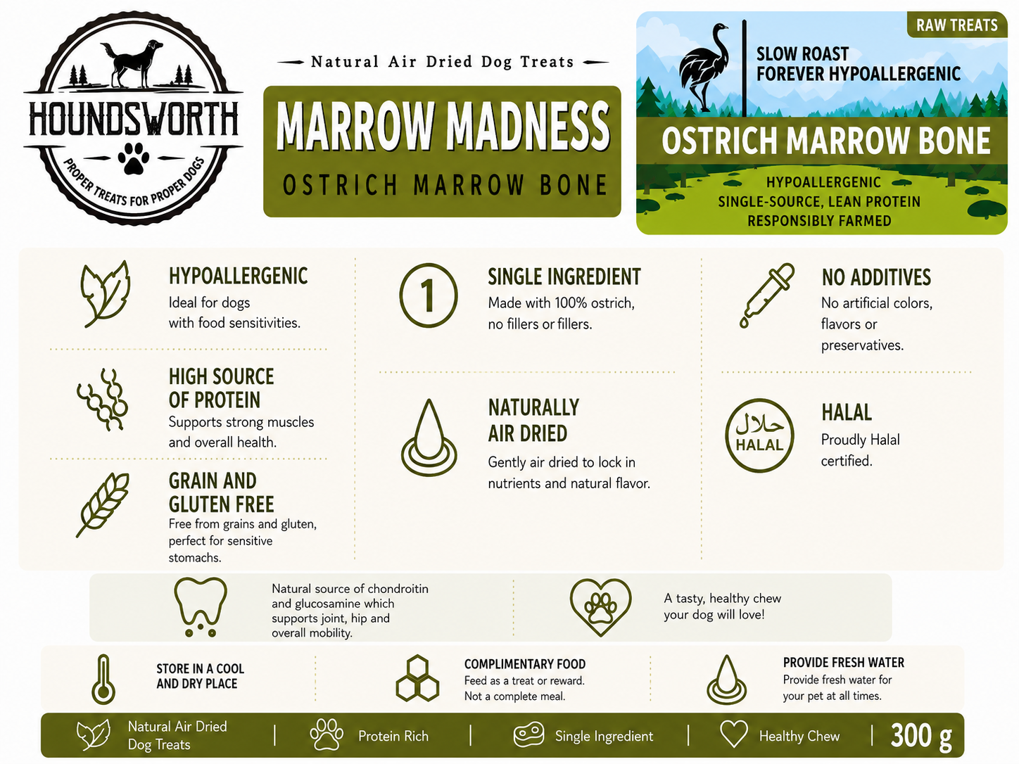 Houndsworth Marrow Madness – Hypoallergenic Ostrich Marrow Bone 300g