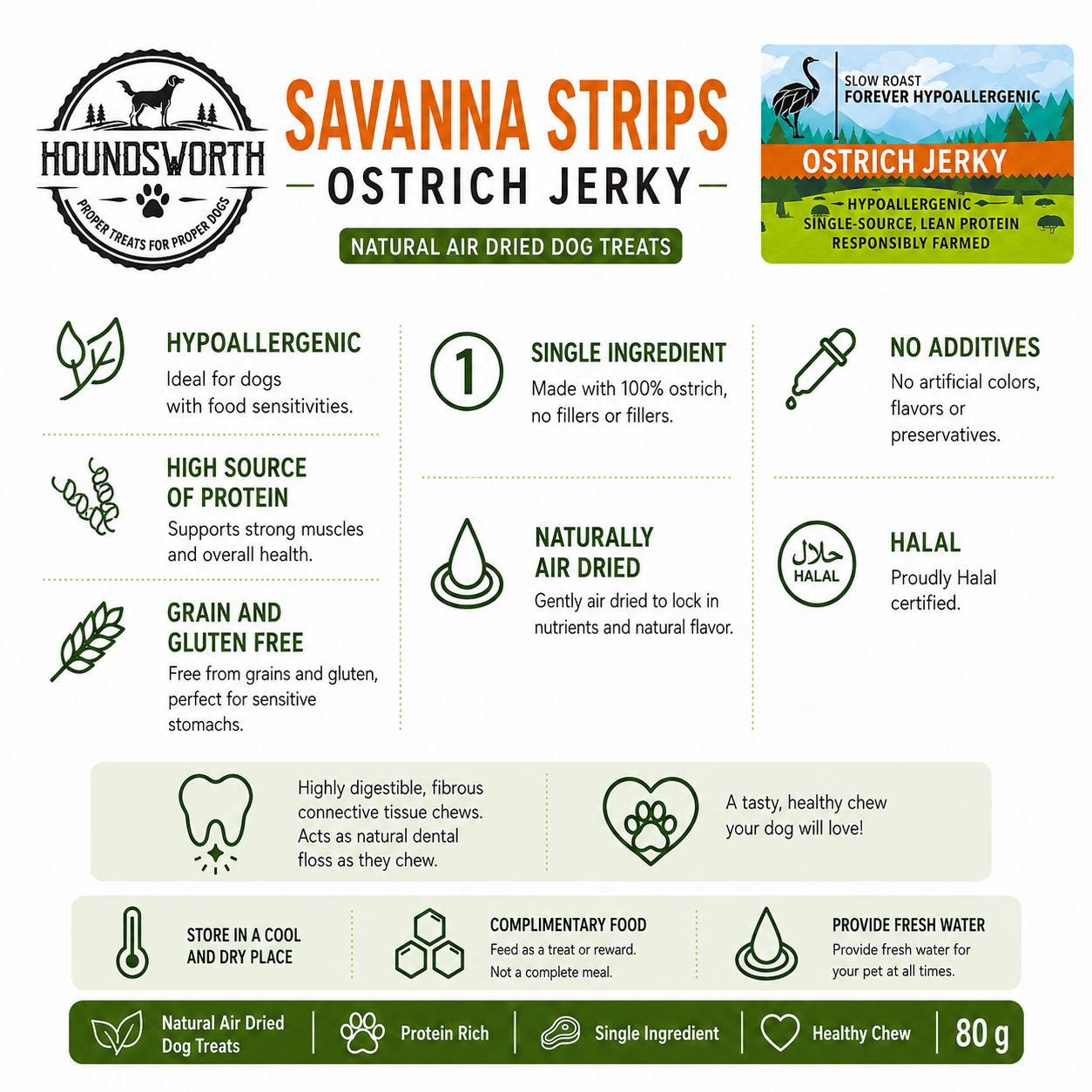 Houndsworth Savanna Strips – Hypoallergenic Ostrich Jerky 80g