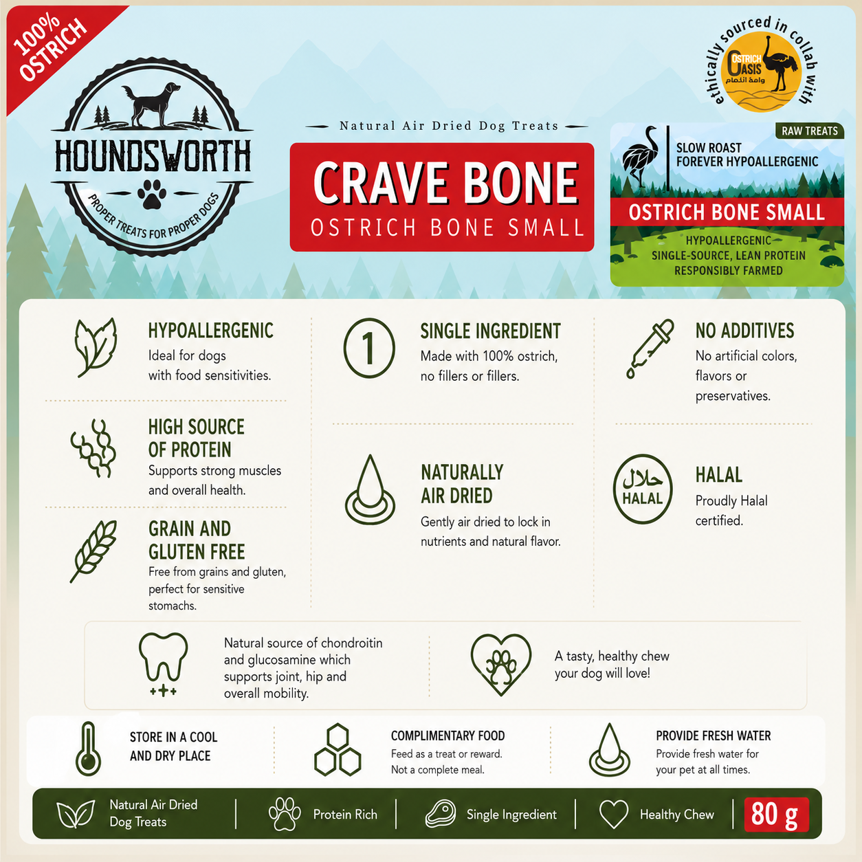 Houndsworth Crave Bone – Hypoallergenic Ostrich Bone Small 80g