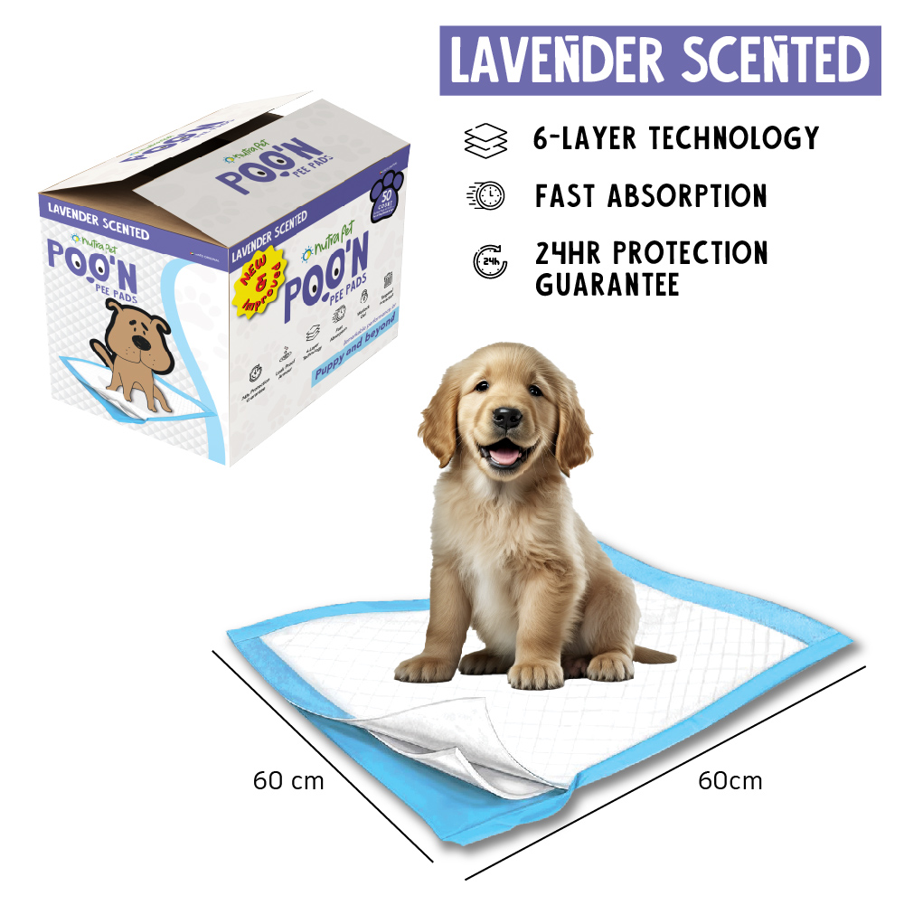 Nutrapet Poo N Pee Pads Lavender Scented - Puppy Pads Fast Absorption With Floor Mat Stickers (60x60cms) - 50 Count