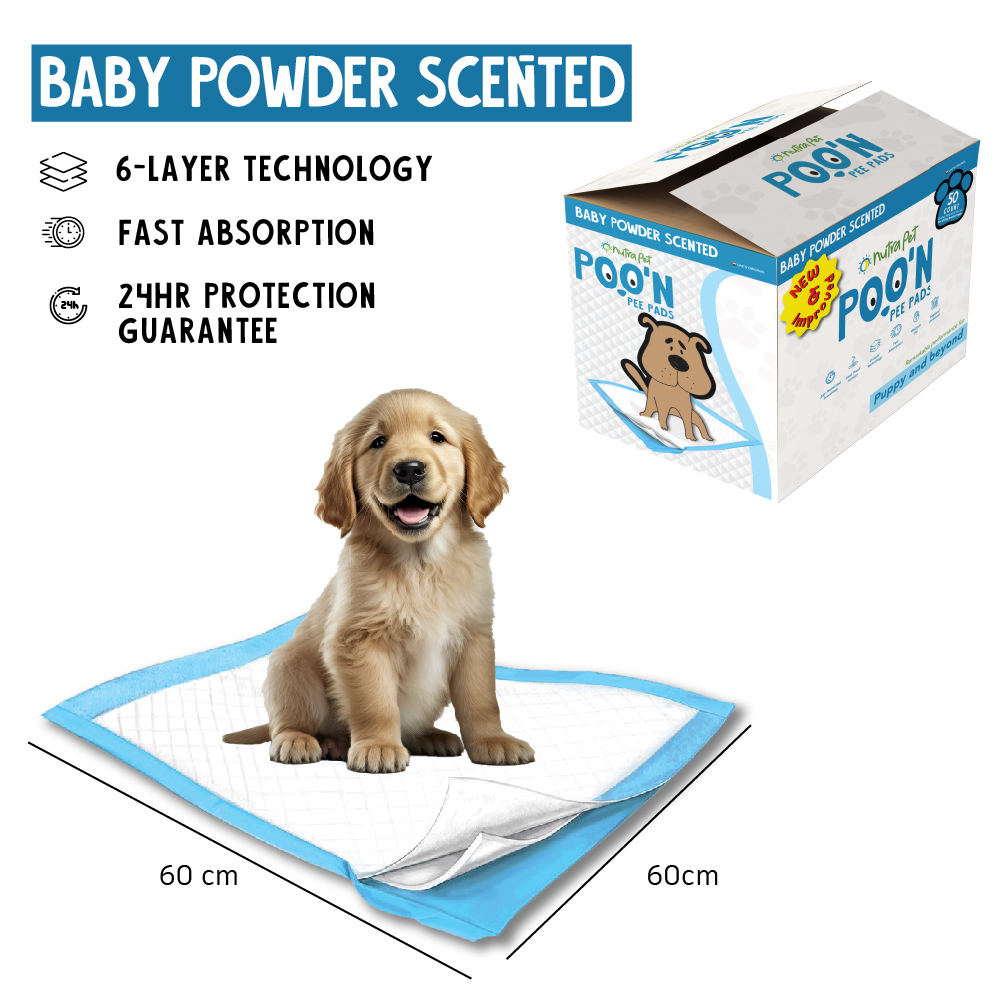 Nutrapet Poo N Pee Pads Baby Powder Scented -Puppy Pads Fast Absorption With Floor Mat Stickers (60x60cms) - 50 Count