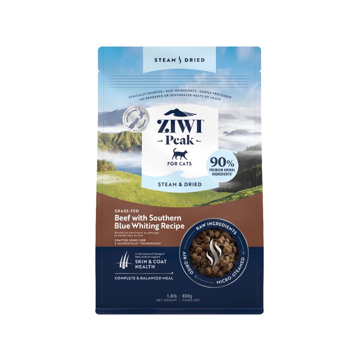 ZIWI Peak Steam & Dried Grass-Fed Beef with Southern Blue Whiting Recipe Dry Cat Food 800G