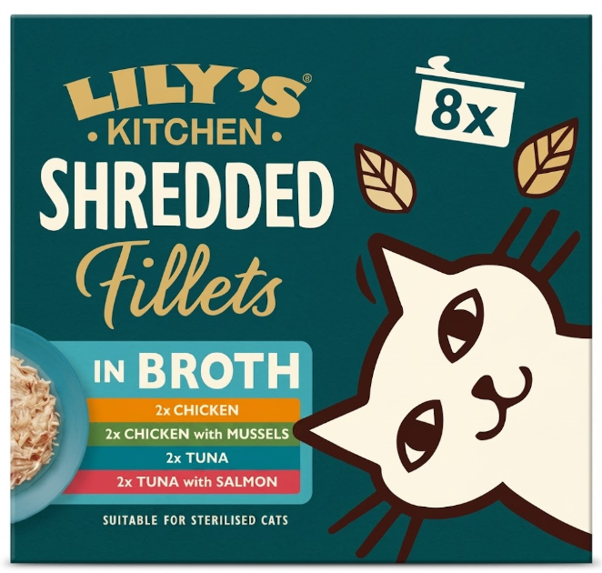 Lily's Kitchen Shredded Fillets Chicken,Tuna,Salmon & Mussels in Broth Wet Cat Food (Pack of 8)