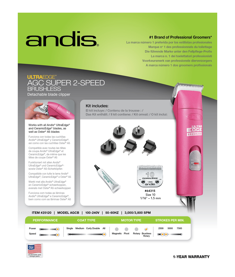 ANDIS AGC2 / AGCB 2-Speed UltraEdge Super Brushless Detachable Blade Clipper - Fuchsia