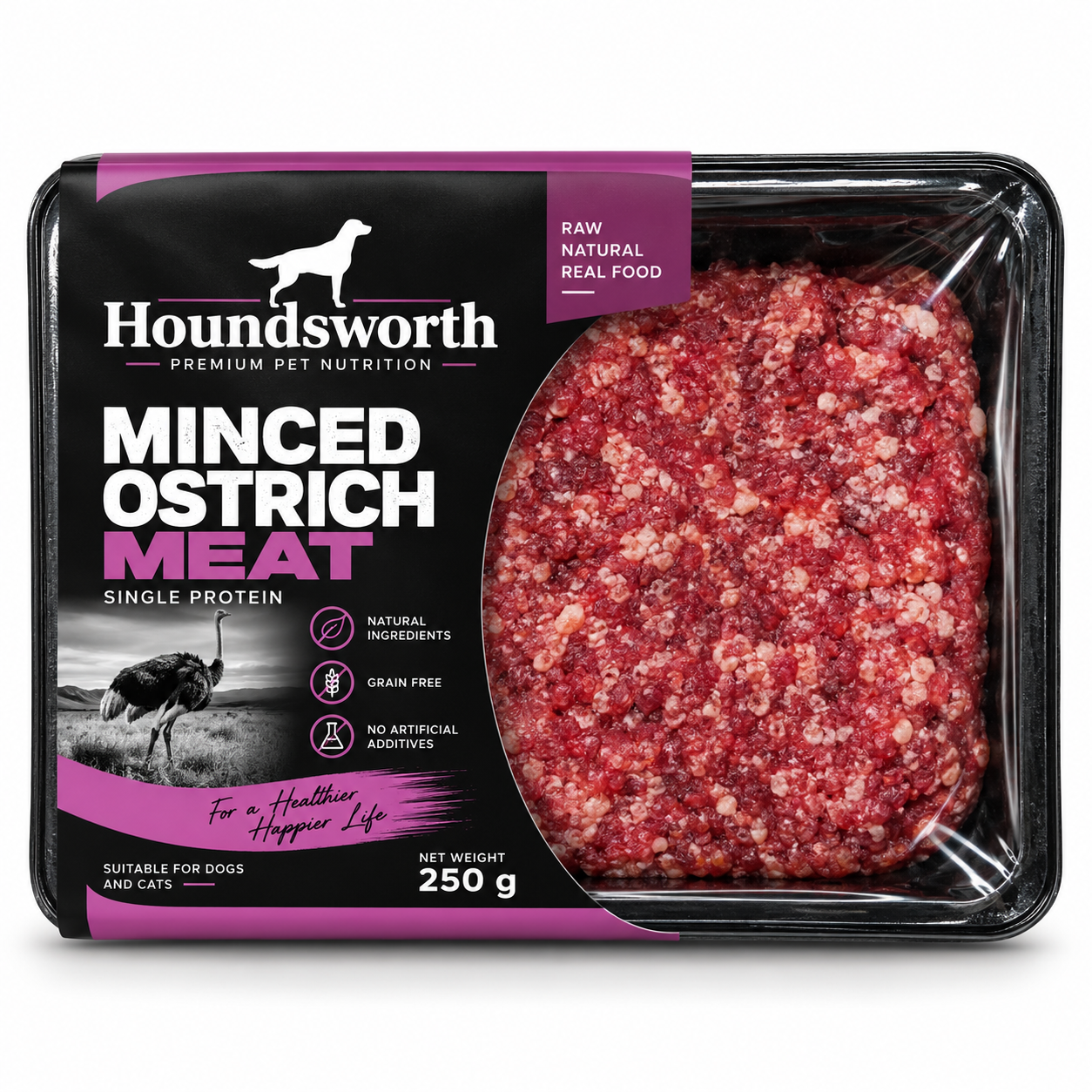 Houndsworth Minced Ostrich Meat Frozen Raw Pet Food 250g