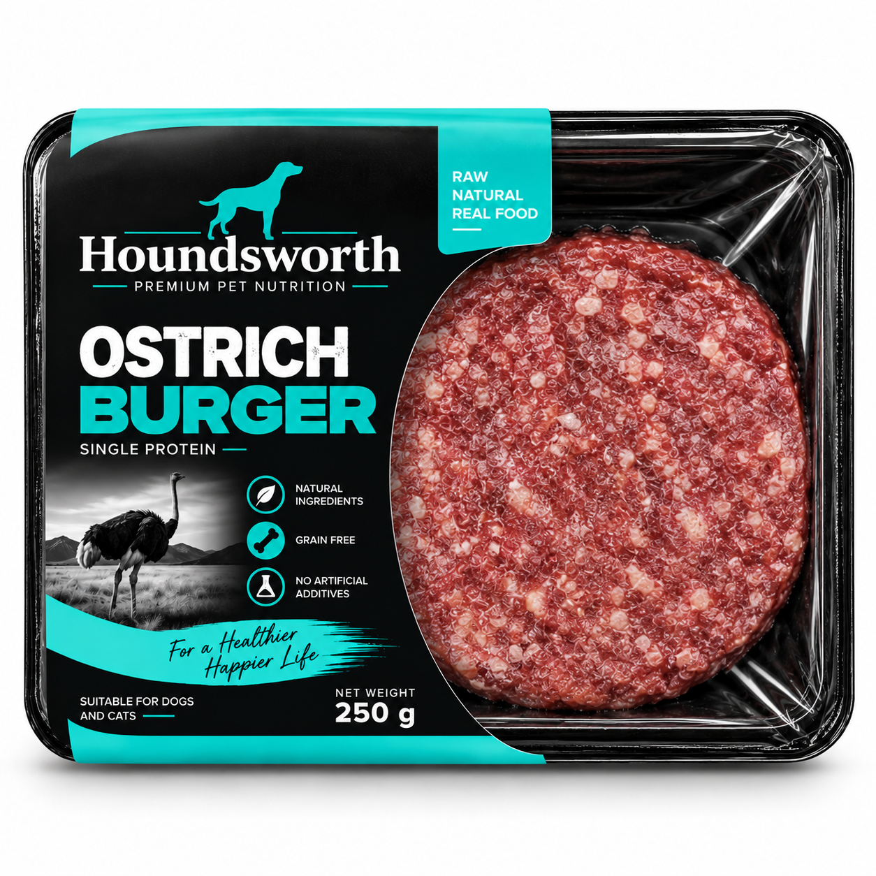 Houndsworth Ostrich Burger Frozen Raw Pet Food 250g