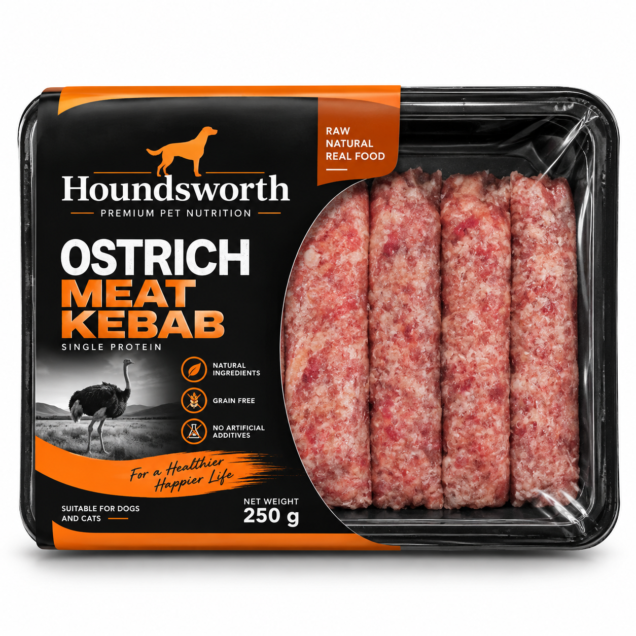 Houndsworth Ostrich Meat Kebab Frozen Raw Pet Food 250g
