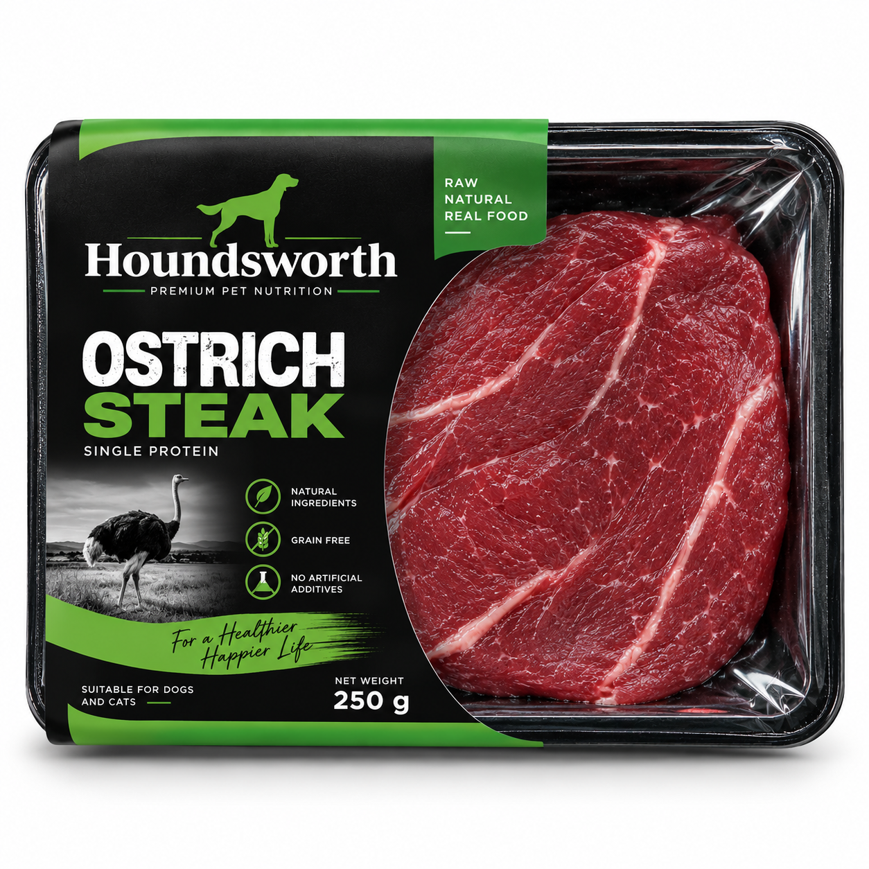 Houndsworth Ostrich Steak Frozen Raw Pet Food 250g