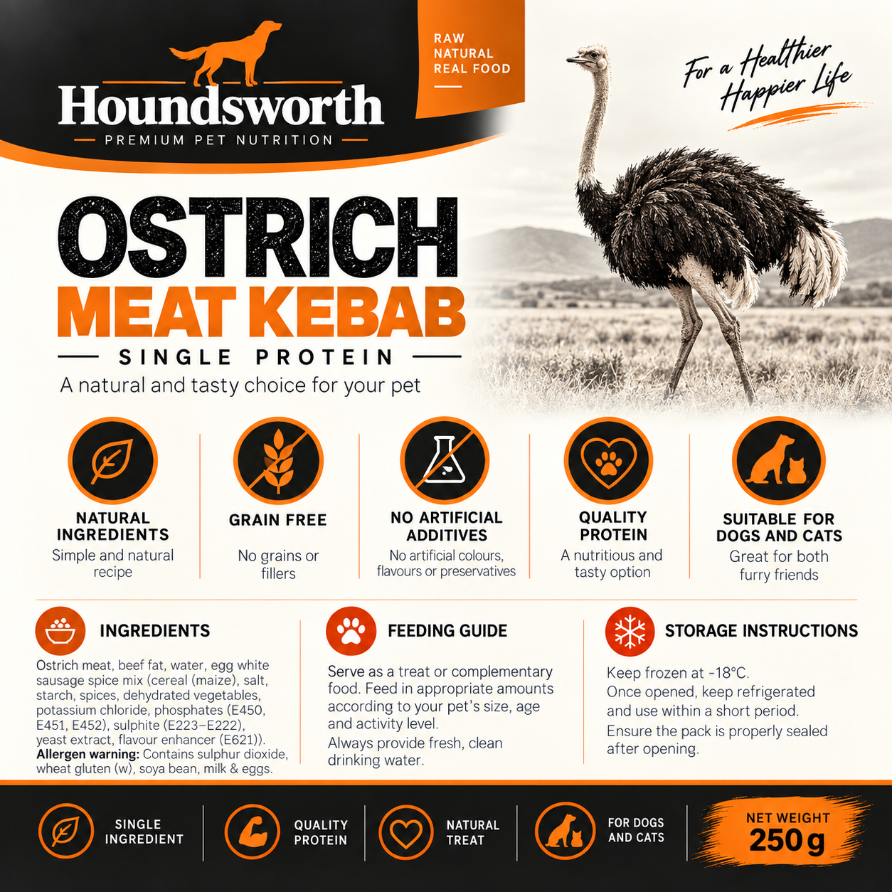 Houndsworth Ostrich Meat Kebab Frozen Raw Pet Food 250g