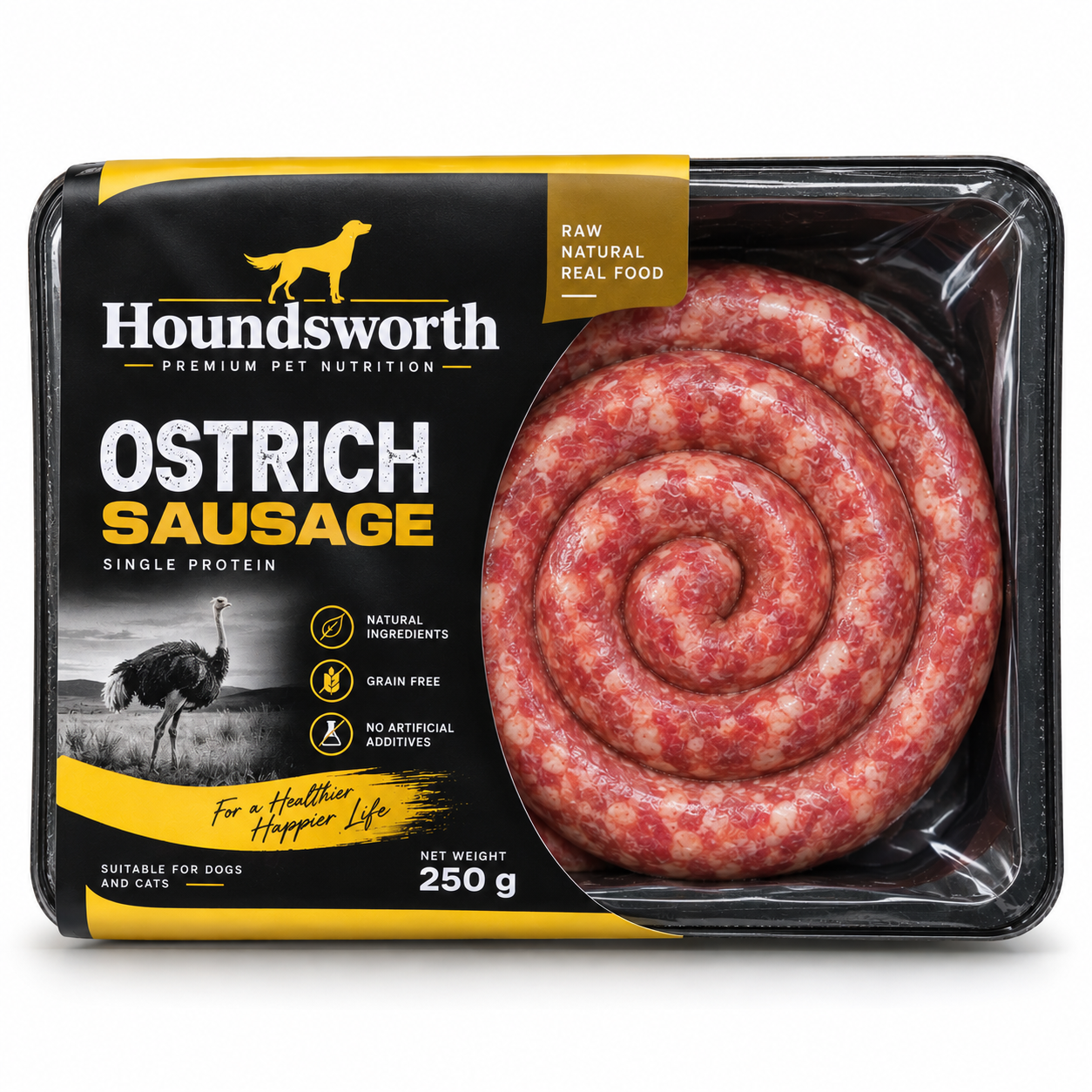 Houndsworth Ostrich Sausage Frozen Raw Pet Food 250g