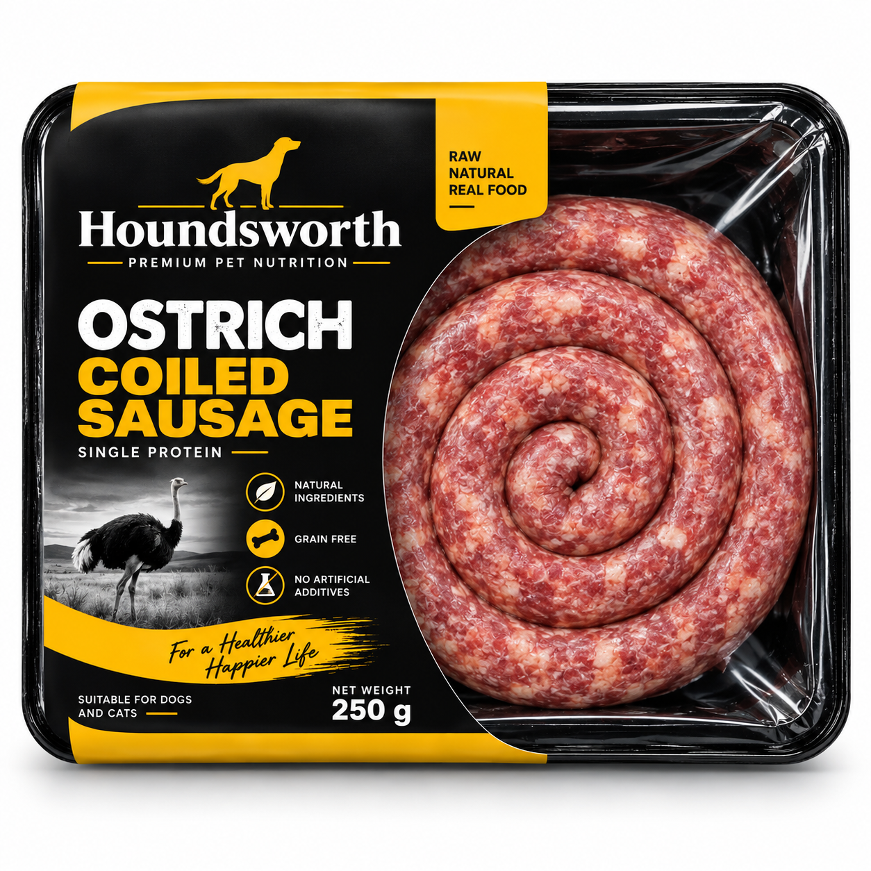 Houndsworth Ostrich Coiled Sausage Frozen Raw Pet Food 250