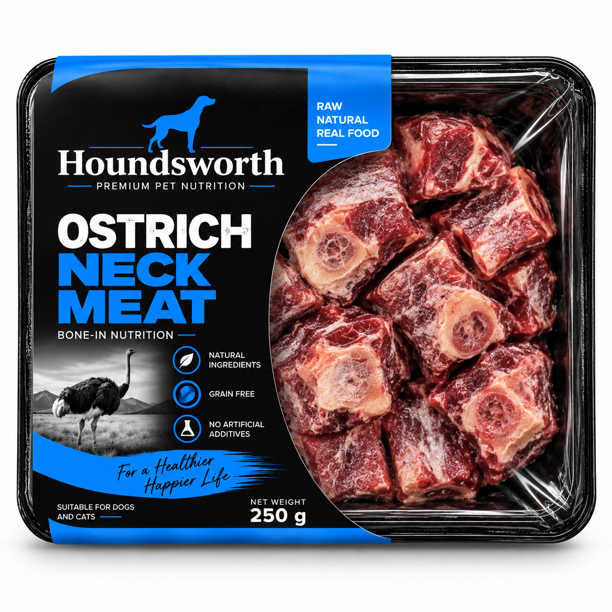 Houndsworth Ostrich Neck Meat Frozen Raw Pet Food 250g