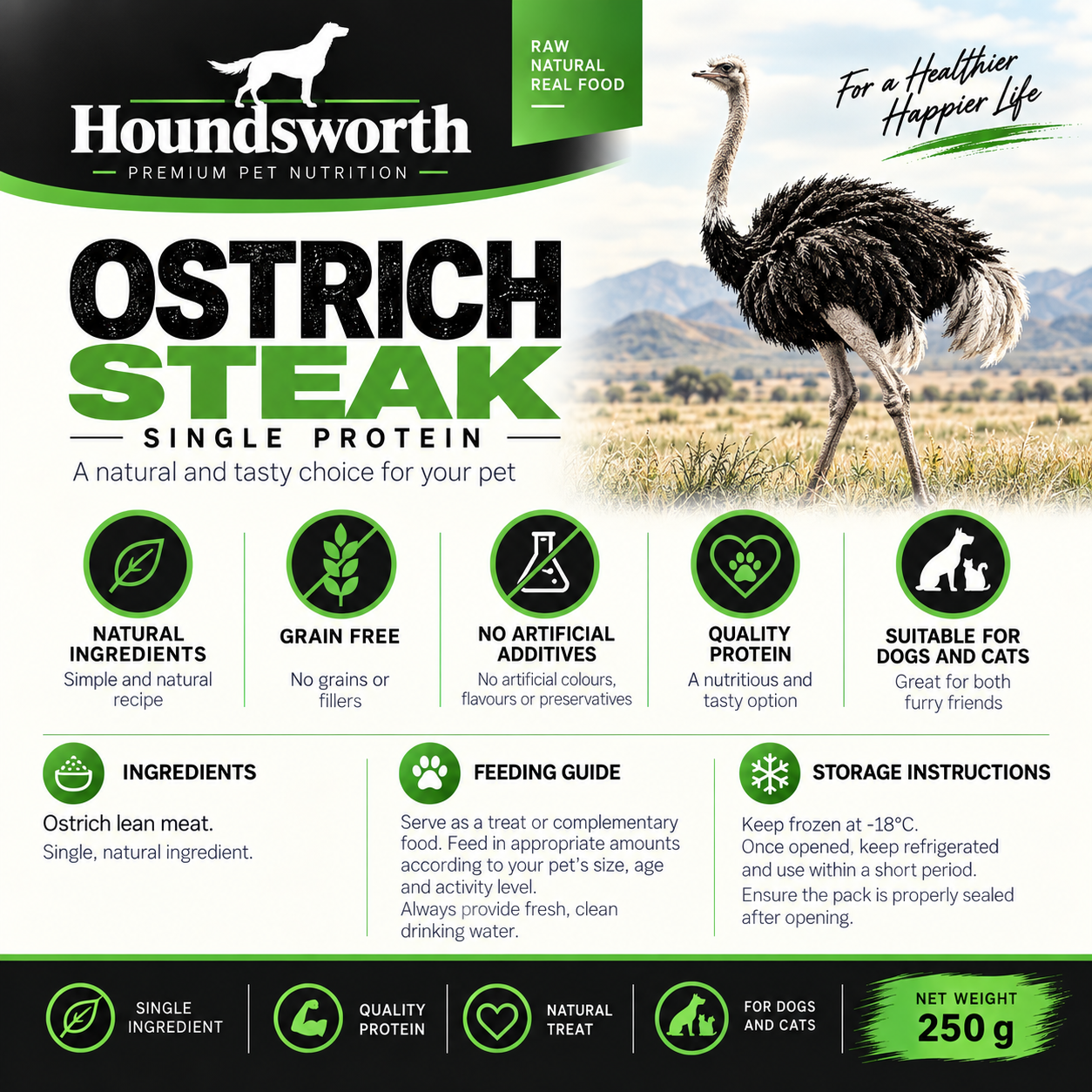 Houndsworth Ostrich Steak Frozen Raw Pet Food 250g