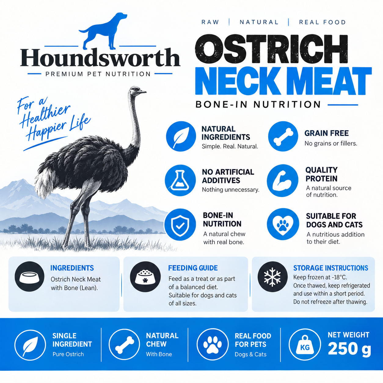 Houndsworth Ostrich Neck Meat Frozen Raw Pet Food 250g