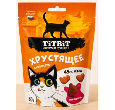 TiTBiT Crunchy Treat for Cats — High-Meat Beef Cat Treats | 60g with 45% Real Meat (24% Beef) + Hydrolyzed Beef Liver + Taurine | 32% Protein | Natural Preservatives | Made in Russia