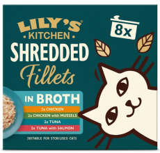 Lily's Kitchen Shredded Fillets Chicken,Tuna,Salmon & Mussels in Broth Wet Cat Food (Pack of 8)
