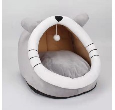 Grizzly Hungry Cat Cave Grey Plush + Cotton Grey Cat Bed - Large 45 x 45 x40cm