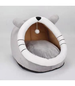 Grizzly Hungry Cat Cave Grey Plush + Cotton Grey Cat Bed - Large 45 x 45 x40cm