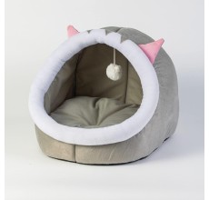 Grizzly Cat Cave Grey Plush + Cotton Grey Cat Bed - Large 45 x 45 x 40cm