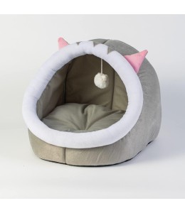 Grizzly Cat Cave Grey Plush + Cotton Grey Cat Bed - Large 45 x 45 x 40cm