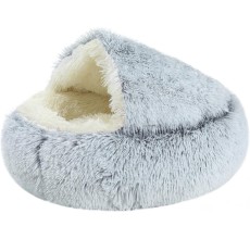 Grizzly Velor Round Plush Grey White Dog Bed Small - 50 x 15cm