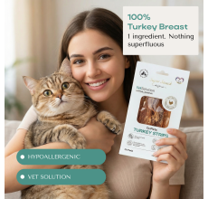 O2Pets Vet Solution Turkey Strips for Cats – 100% Pure Turkey Breast Single Ingredient Treat – Hypoallergenic & Grain-Free Feline Snack for Sensitive Digestion, Allergies & Skin Care 30gr