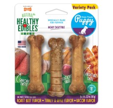 Nylabone Healthy Edibles Puppy Starter Kit (Bacon, Roast Beef, Turkey & Apple) 3Ct Card Petite Edible