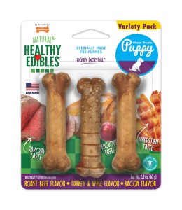 Nylabone Healthy Edibles Puppy Starter Kit (Bacon, Roast Beef, Turkey & Apple) 3Ct Card Petite Edible