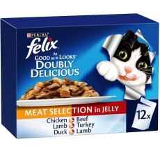 Purina Felix As Good As It Looks Doubly Delicious Cat Wet Food Meat Selection in Jelly 85g Pack of 12