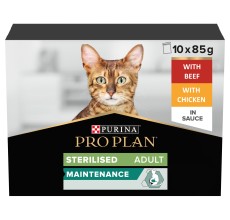 Purina Pro Plan Sterlised Maintenance Wet Cat Food, Chicken and Beef, Mix-Flavor pack, 10 x 85g