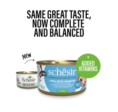 Schesir Complete & Balanced Nutrition Wet Cat Food in Jelly Can- Tuna With Seabass 85g