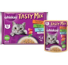 Whiskas Tasty Mix Wet Cat Food, Tuna Salmon With Spinach In Jelly (Pack Of 4 X 70G)