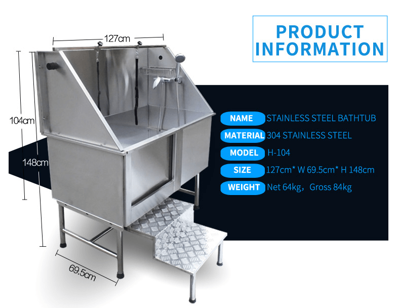 Nutrapet 304 stainless steel pet bath-tub with taps L 127Cms X W 69.5Cms X H 149 Cms