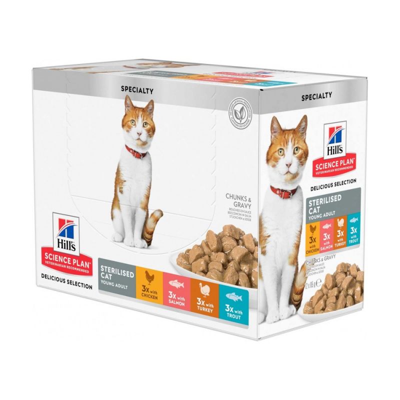 Hill's Science Plan Sterilised Adult Cat Wet Food Multipack Wet Food With Chicken, Fish, Trout & Turkey Pouches - 85g  x 12