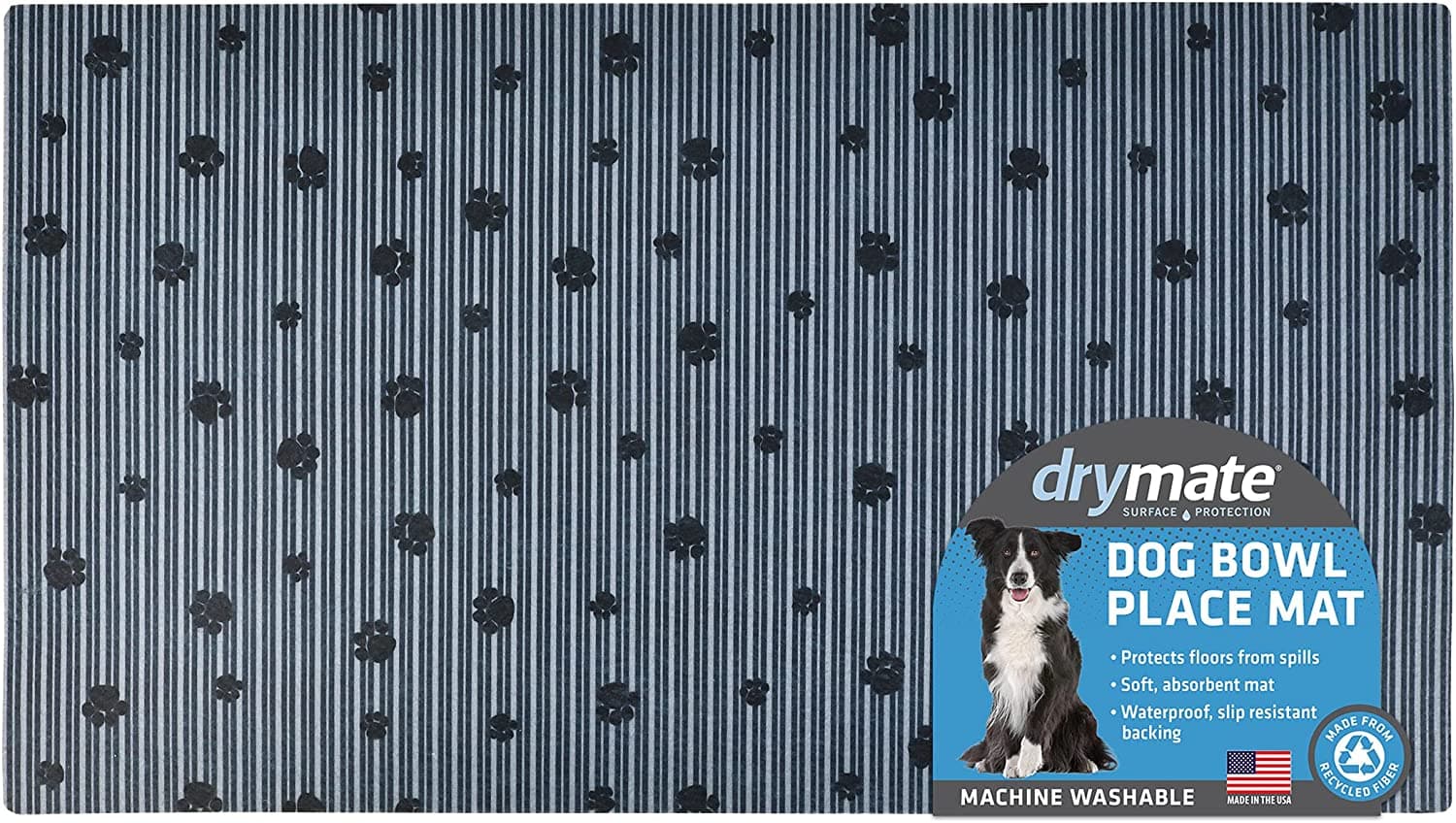 Drymate Dog Bowl Place Mat Paw Stripe Grey Black 12x20 Inches