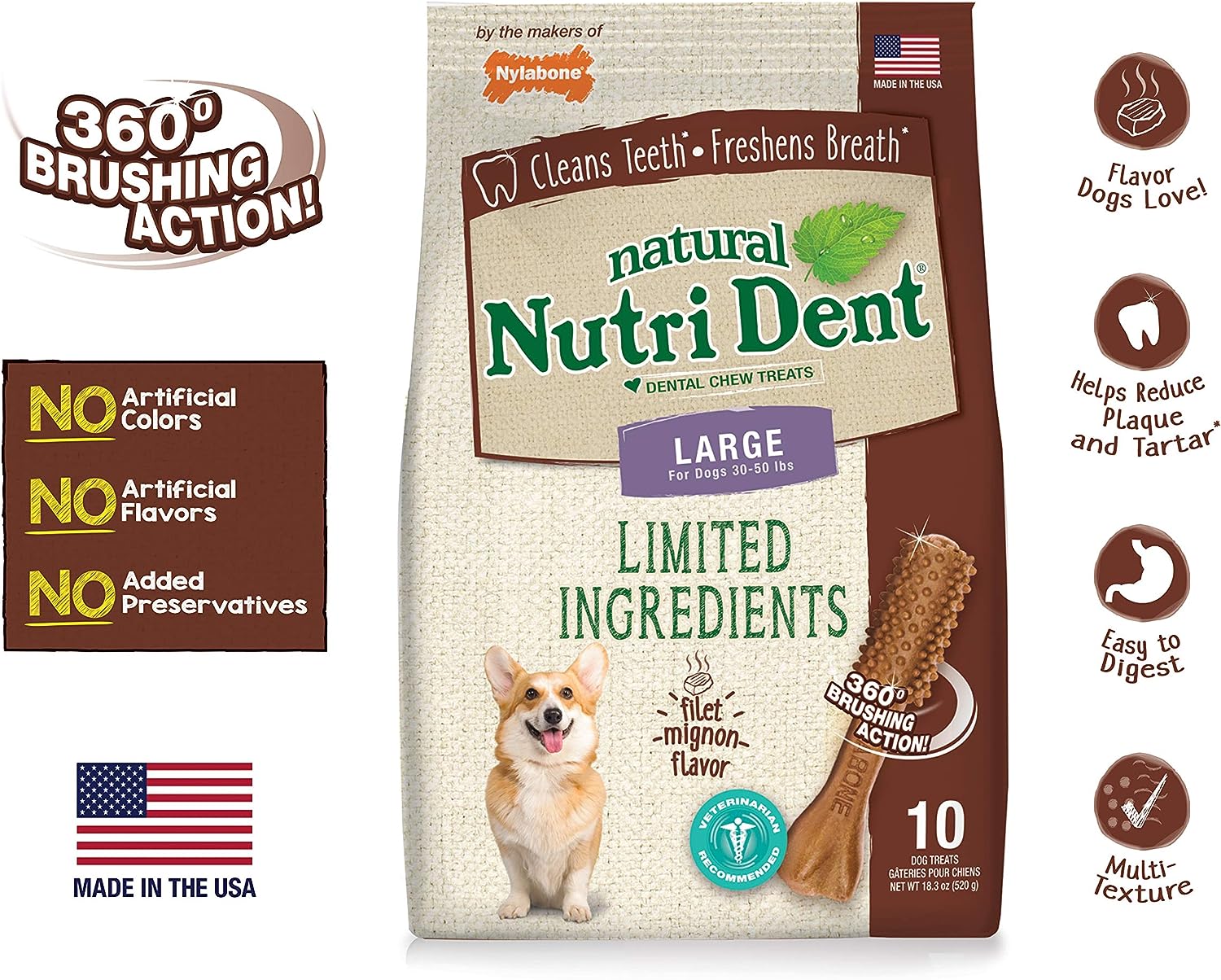 Nylabone Nutri Dent Filet Mignon 10 Count Pouch Large