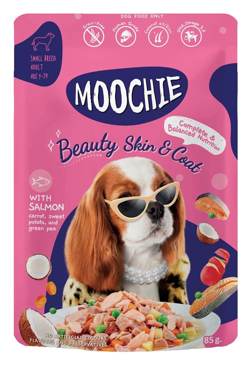 Moochie Dog Food Casserole with Salmon - Beauty Skin & Coat Pouch 85g