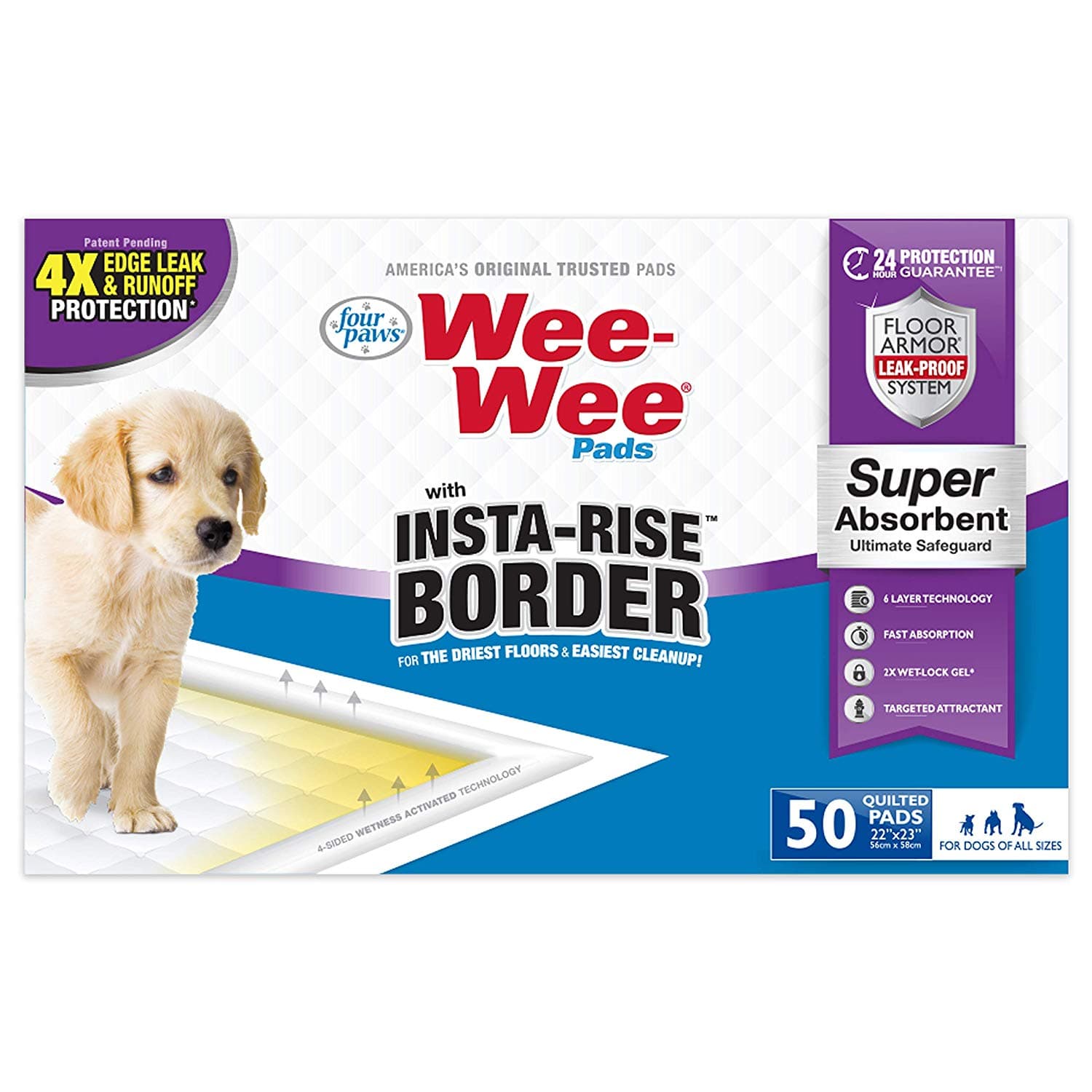 Four Paws Wee-Wee Insta-Rise Border Pad, 50 Pack Puppy Pads