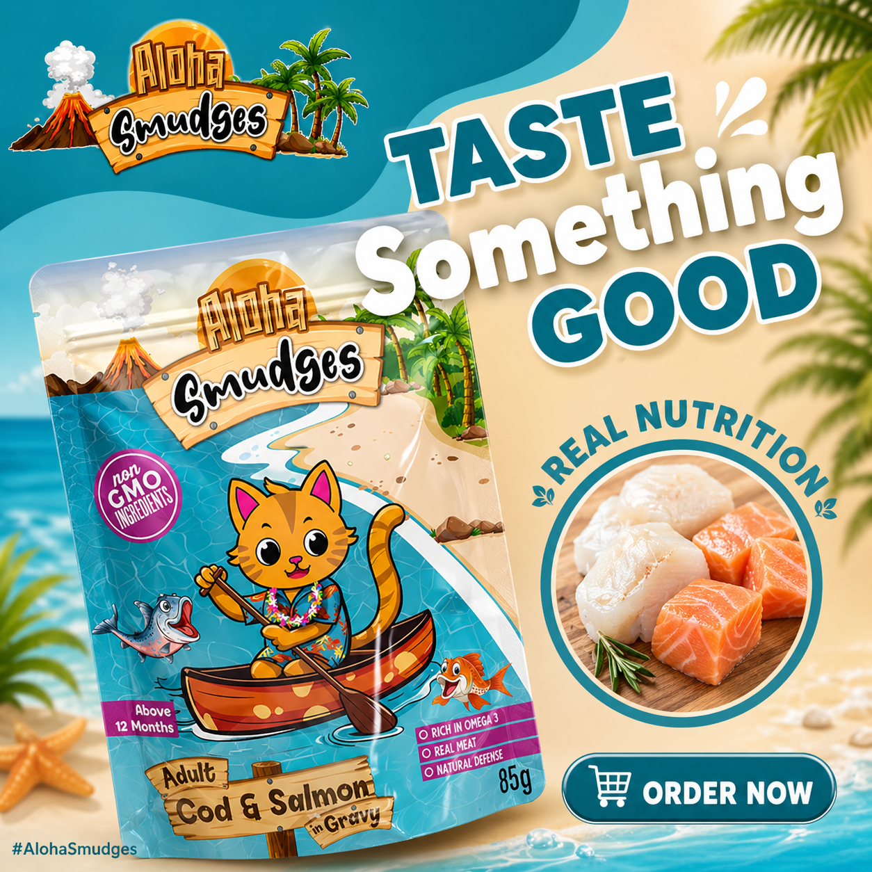 Aloha Smudges Cod & Salmon Adult Cat wet food in Gravy 85g Pouch Pack of 12