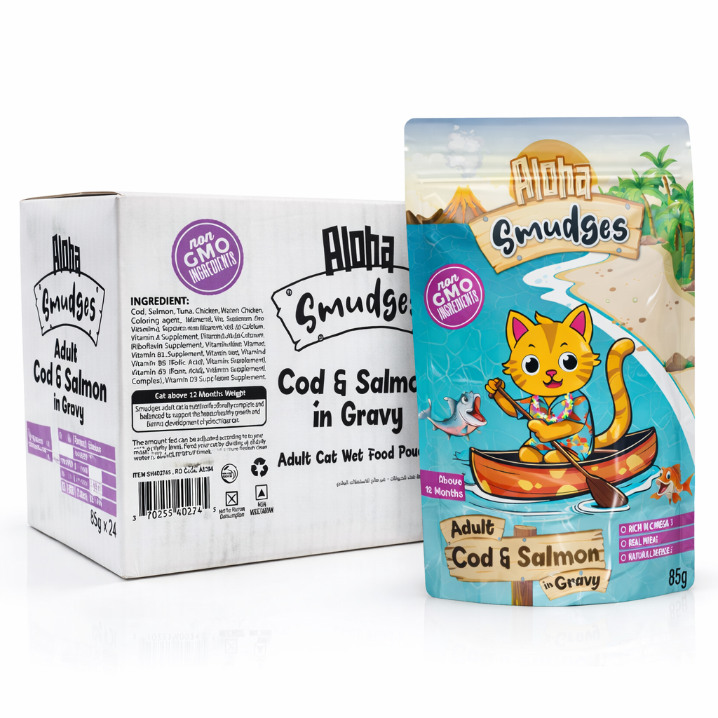 Aloha Smudges Cod & Salmon Adult Cat wet food in Gravy 85g Pouch Pack of 12