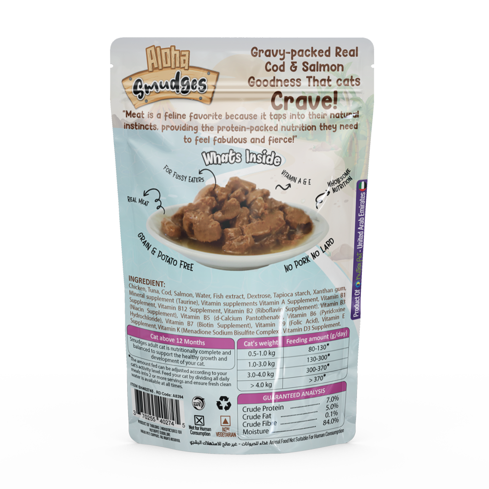 Buy one Get one Aloha Smudges Cod & Salmon Adult Cat wet food in Gravy 85g Pouch