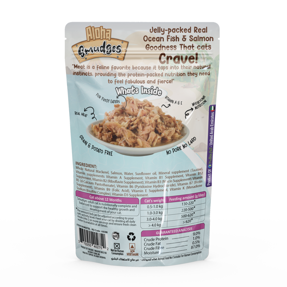 Buy one Get one Aloha Smudges Ocean Fish & Salmon Adult Cat wet food in Jelly 85g Pouch