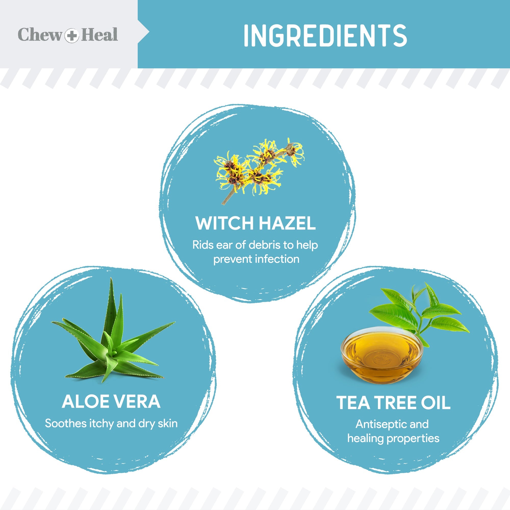 Chew & Heal - Fresh Scent, Soothing Aloe, Witch Hazel & Tea Tree Oil Dog Ear Cleaner 4oz- 250gm