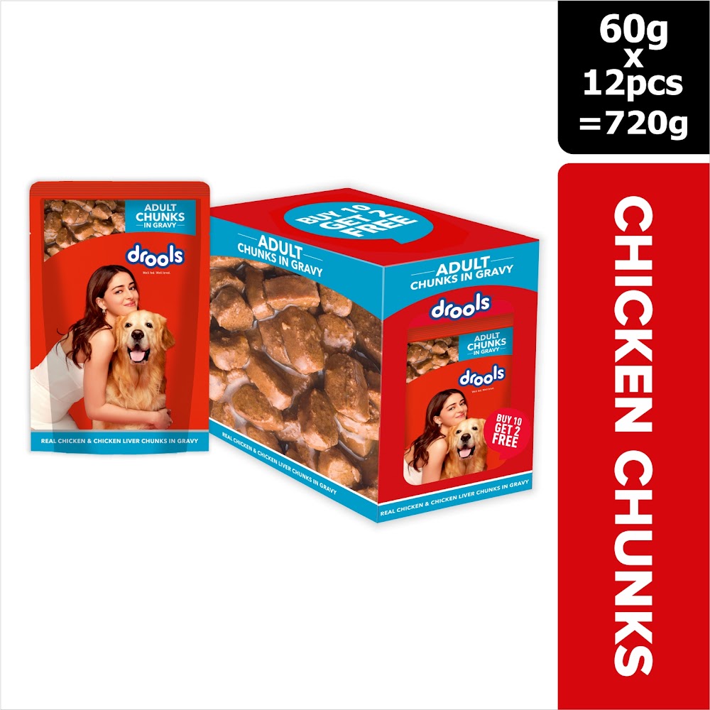 Drools Adult Wet Dog Food, Real Chicken and Chicken Liver Chunks in Gravy,10 Pouches + 2 Pouches Free (12 x 60g )