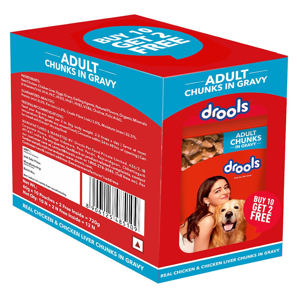 Drools Adult Wet Dog Food, Real Chicken and Chicken Liver Chunks in Gravy,10 Pouches + 2 Pouches Free (12 x 60g )