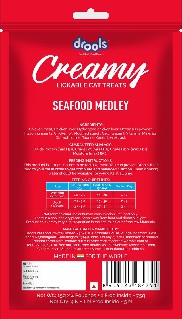 Drools Creamy Seafood Medley Cat Treats 5x15g (75gm)